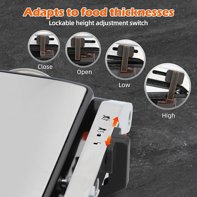 KEINVE 1600W Panini Press, Sandwich Maker with Temp & Time Setting, 4 Slice Large Non-stick Versatile Grill Press, Opens 180 Degrees to Fit Steak, Fish, Vegetable and More