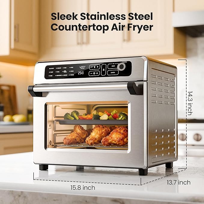 Kismile 25QT Air Fryer Toaster Oven Combo, 12-in-1 Countertop Convection Airfryer Oven, Adjustable 70–450℉ Temperature, Bake, Reheat & Broil, Fits 12″ Pizza, Complete Accessories Included, Silver