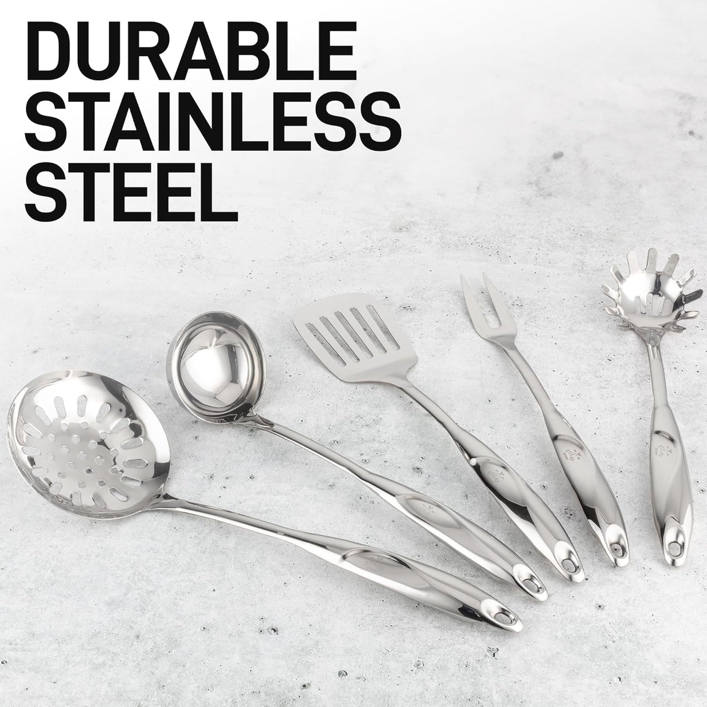 Zulay Kitchen Stainless Steel Cooking Utensil - Stainless Steel Kitchen Utensil - Durable Kitchen Gadgets - Metal Kitchen Accessories - Easy to Clean Kitchen Tools - 5 Piece Set