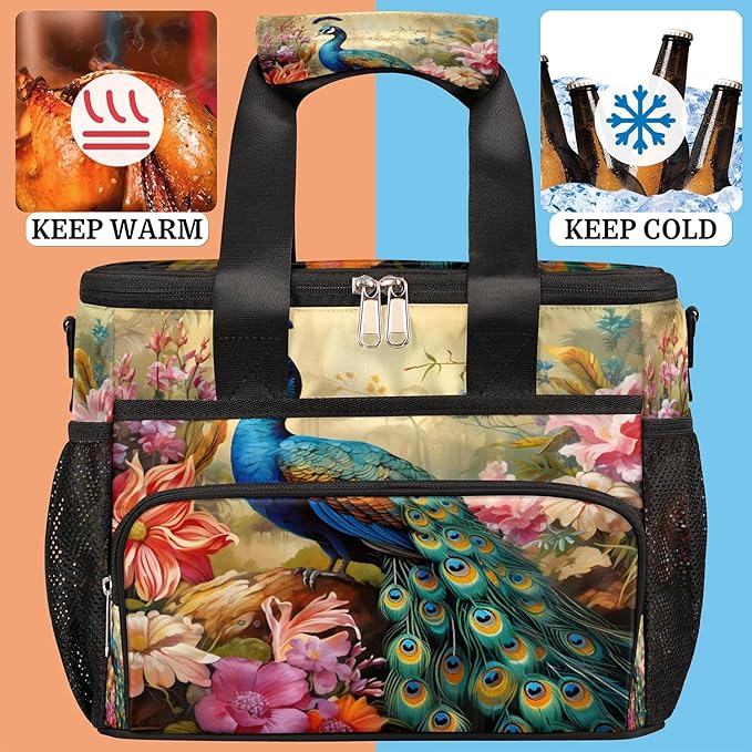 Pardick Lunch Box for Women Men Flower Peacock Insulated Lunch Bag Leakproof Large Lunchbox for Adults with Adjustable Shoulder Strap, Cooler Tote Bag for Work, Picnic, Beach