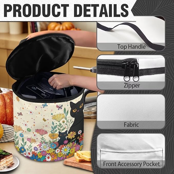 Black Cat Electric Pressure Cooker Insulation Bag Hippie Flower Insulation Electric Cooker Storage Handbag for Housewarming