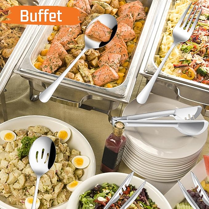 12-Piece Large Serving Utensils Set, E-far Stainless Steel 9.8 Inch Serving Slotted Spoons, 9.9 Inch Fork, 9.4 Inch Tong for Buffet Catering Banquet, Mirror Finish & Dishwasher Safe