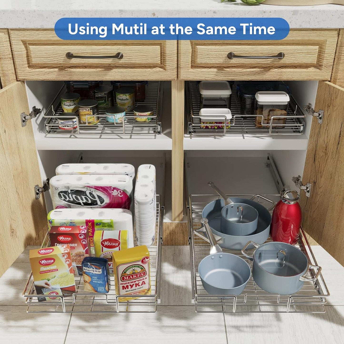 ROOMTEC Pull Out Cabinet Organizer, Cabinet Pull Out Shelves 14" W x 18" D, Heavy Duty Cabinet Drawers Slide Out Kitchen Cabinet Organizers Storage Shelf