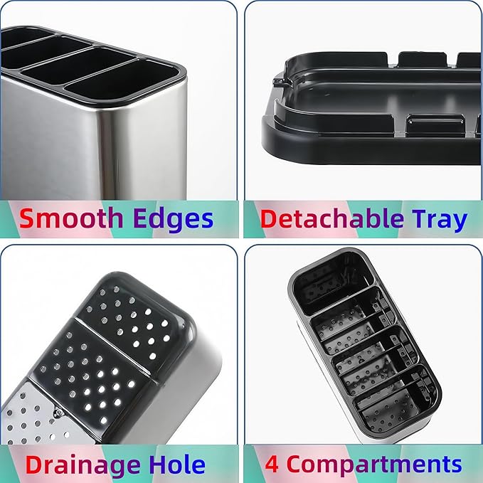 LIBODOUR Utensil Holder,Stainless Steel Caddy Counter,Spoon holder,4 Compartments Silverware Caddy,Capacity Flatware Spoon Fork Tool Cutlery Holder
