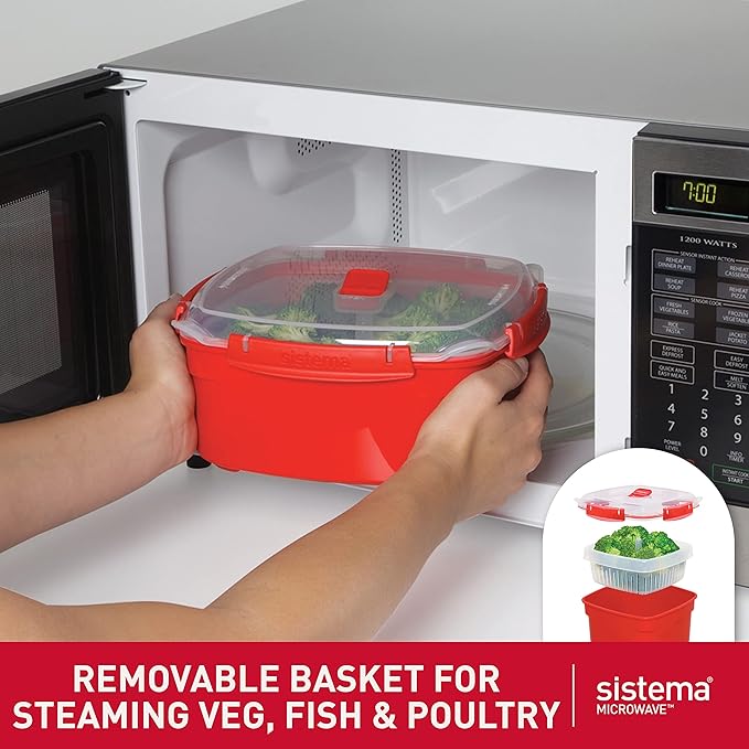 Sistema Heat & Eat Microwaveable Food Steamer with Removable Steamer Basket & Steam Release Vents, Large 3.2L Capacity, Dishwasher & Freezer-Safe, BPA-Free