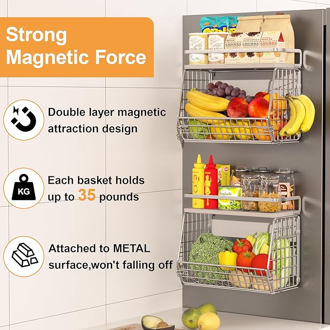 Fruit Basket 2 IN 1 Magnetic & Hanging Wall Produce Basket for Potato Onion Fruit and Vegetable Storage,Magnetic Spice Rack for Refrigerator Kitchen Counter Cabinet Pantry