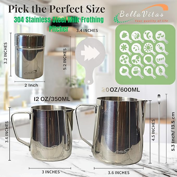 Milk Frothing Pitcher Set 12oz/350ml, 304 Stainless Steel Milk Frother Cup with Cocoa Shaker, Latte Art Pen, Stencils, Espresso Machine Accessories & Coffee Barista Tools Latte Pitcher Gift
