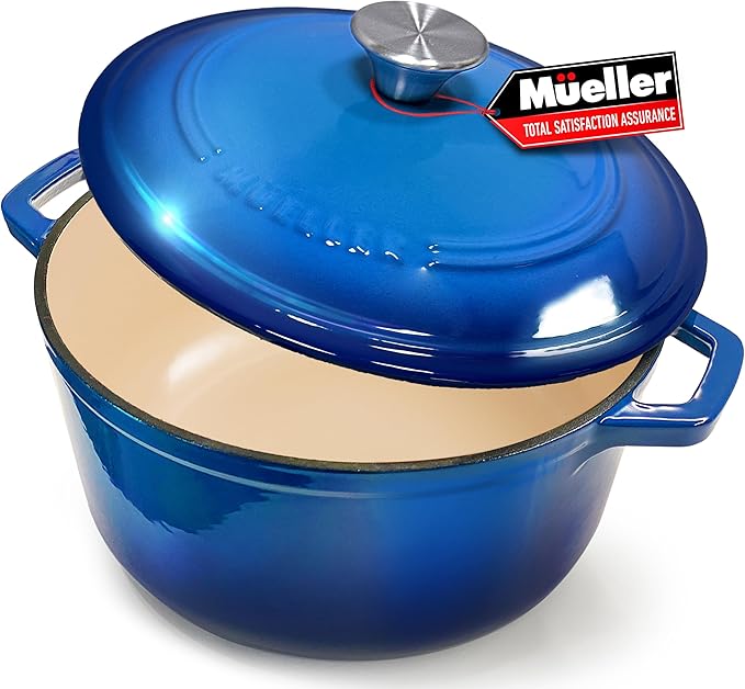 MUELLER HOME 4.5 QT Enameled Cast Iron Dutch Oven, Heavy-Duty Casserole Dish and Braiser Pan with Lid and Stainless Knob, Oven-Safe up to 500° F & Across All Cooktops, Aqua Blue