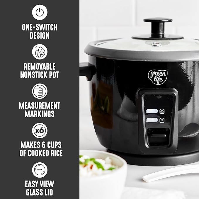 GreenLife Rice Cooker with Removable PFAS-Free Ceramic Nonstick Pot, 3-Cups Uncooked/6-Cups Cooked, Grains & Oatmeal Multicooker, Compact One-Switch Design, Auto Keep Warm, Easy Clean, Black
