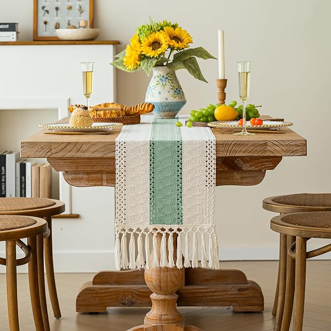 FEXIA Boho Table Runner for Home Decor with Tassels 108 Inches Long,Sage Green Farmhouse Rustic Table Runner Macrame Burlap Table Decoration for Living Room Bridal Shower(12x108 Inches)