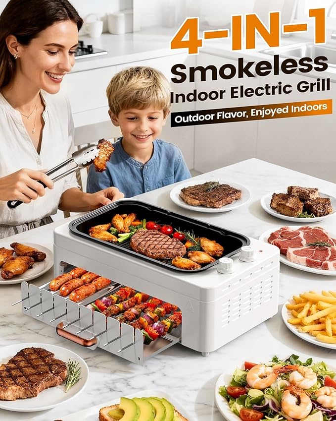 XHJ 4-in-1 Electric Indoor Grill Smokeless for Home,Countertop Electric Grill with Removable Sizzling Grill Pan & Grate + Auto Rotating Kabob Skewers + Electric Hot Dog Roller Dual Zone Cook with Lid