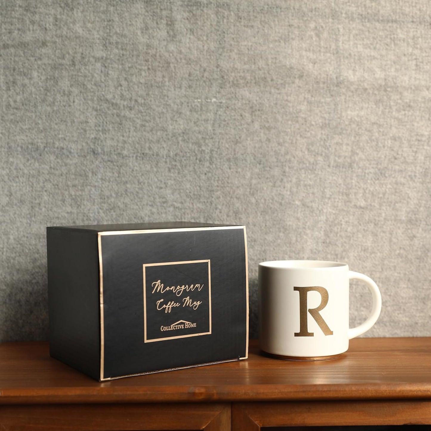 COLLECTIVE HOME - Monogram Ceramic Mugs, 15 oz Golden Initial Coffee Cups, Elegant Alphabet Tea Mugs, Elegant Personalized Mug with Gift Box, Unique Mug with Double Side Capital Letter (R)
