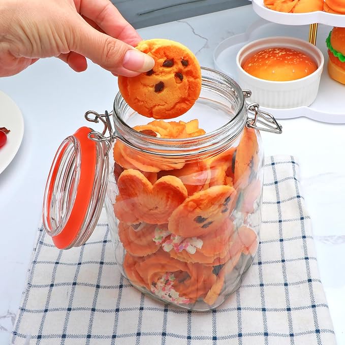 50oz Glass Jars with Clamp Lids,Set of 4,1500ml Square Wide Mouth Mason Jars with Airtight Lids,Large Glass Storage Container with Clip Lid for Kitchen,Flour,Pasta,Beans
