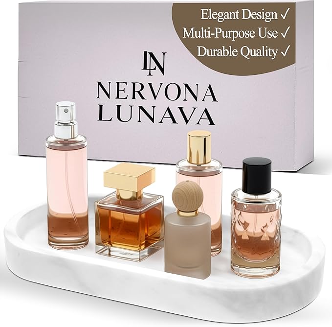Lunava Real Natural Marble Tray for Bathroom Counter, Oval Natural Marble Tray for Kitchen Counter, Hand-Polished Natural Stone Caddy for Vanity, Sink, or Dresser, 9.8"x4.7"in, White