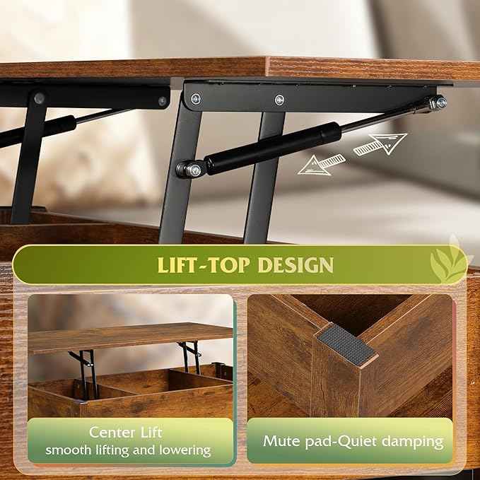 WLIVE Coffee Table, Lift Top Coffee Table with 2 Drawers, Large Hidden Compartment and Open Storage Shelf, Lift Tabletop, Dining Table for Living Room, Rustic Brown