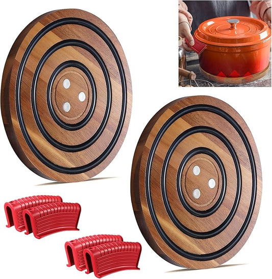 2 PCS Magnetic Wooden Trivets for Hot Pots and Pans with 4 Silicone Pot Handle Covers, Heat Resistant Acacia Wood Trivet for Dutch Ovens Hot Pots&Pans Cast Iron Skillet, for Mom Grandma