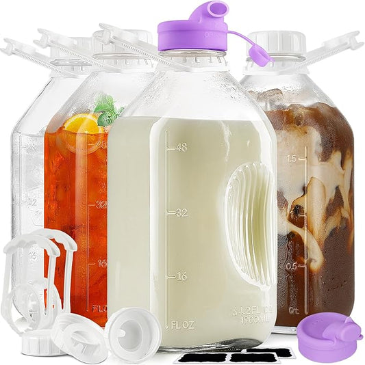 Ritayedet 4 Pack 64 Oz Heavy Duty Glass Milk Bottle with 1 Silicone Spout and 5 Reusable Airtight SCREW LID, 2 Qt Glass Water Bottle with 2 Exact Scale Lines - Milk/Juice Jug Pitcher