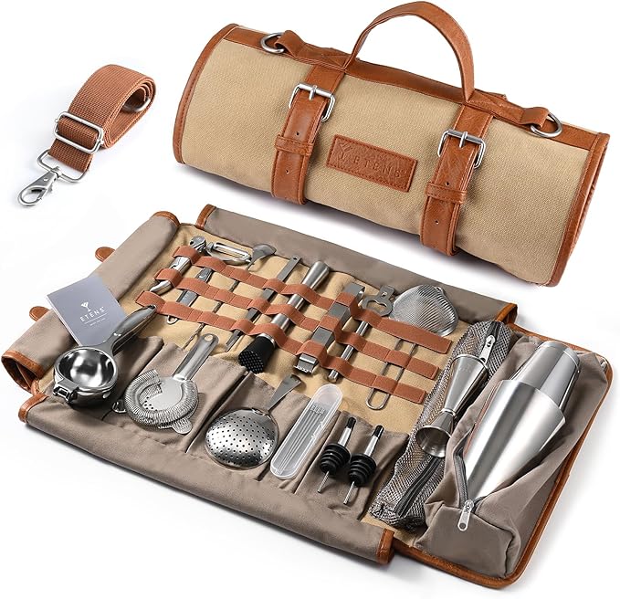 Etens Bartender Travel Kit with Waxed Bag | 22 Piece Bar Set in Roll | Portable Cocktail Tools for Home & Travelling Bartending – Professional Boston Shakers, Unbreakable Melon Squeezer, Accessories