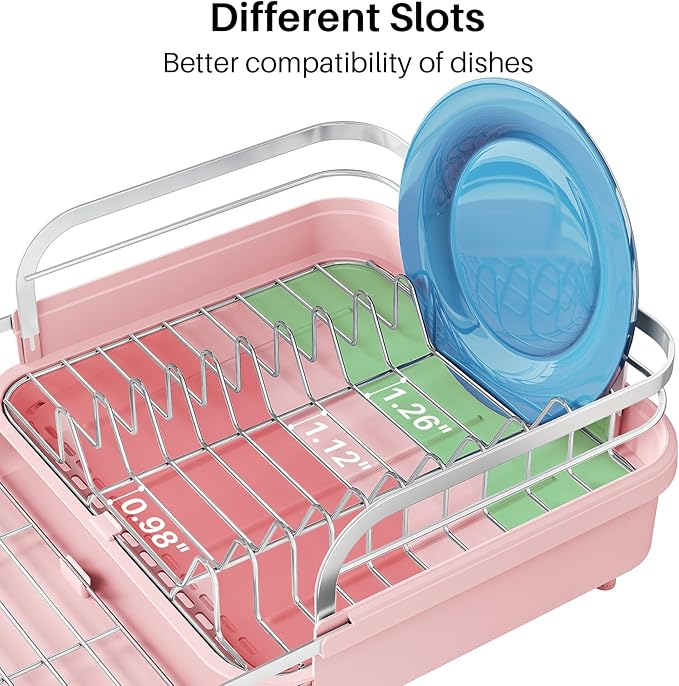 SNTD Dish Drying Rack, Expandable Dish Rack for Kitchen Counter, Stainless Steel Dish Drainer with Drainboard Set and Utensil Holder (Pink)
