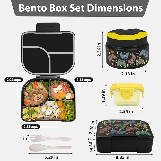 TinyPalsa Bento Box for Kids with 10oz Thermos, Durable Lunch Box with Leak Proof Insulated Food Jar, 3 Compartments with Portable Handle for Ages 3+, Dishwasher Safe, Ideal for School, Travel (Game)