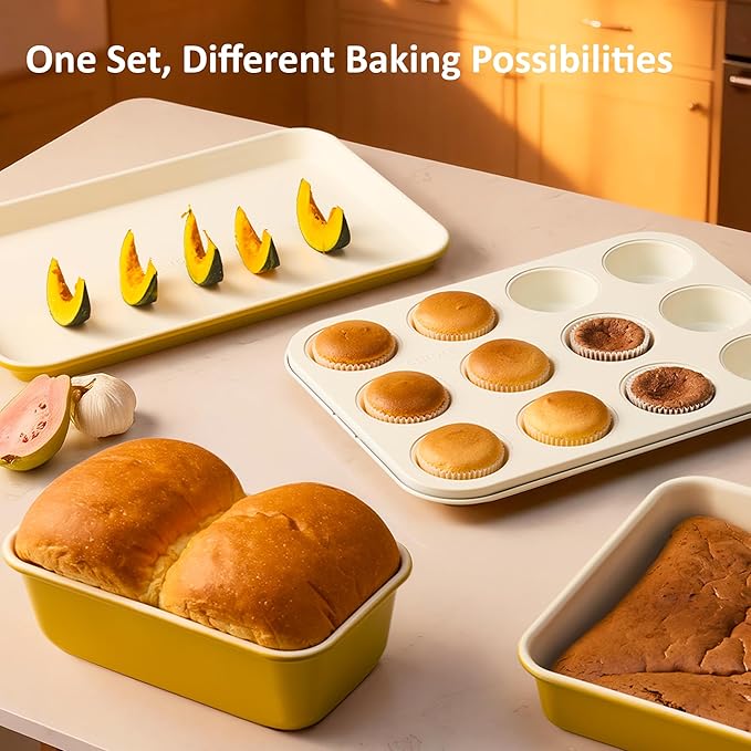 CAROTE 6-Piece Ceramic Baking Pans Set, Aluminized Steel Bakeware Sets, Toxin-Free Nonstick Stackable Oven Pans with Cookie Sheet, Muffin Pan, Loaf Pan, Round & Square Cake Pan, Cooling Rack