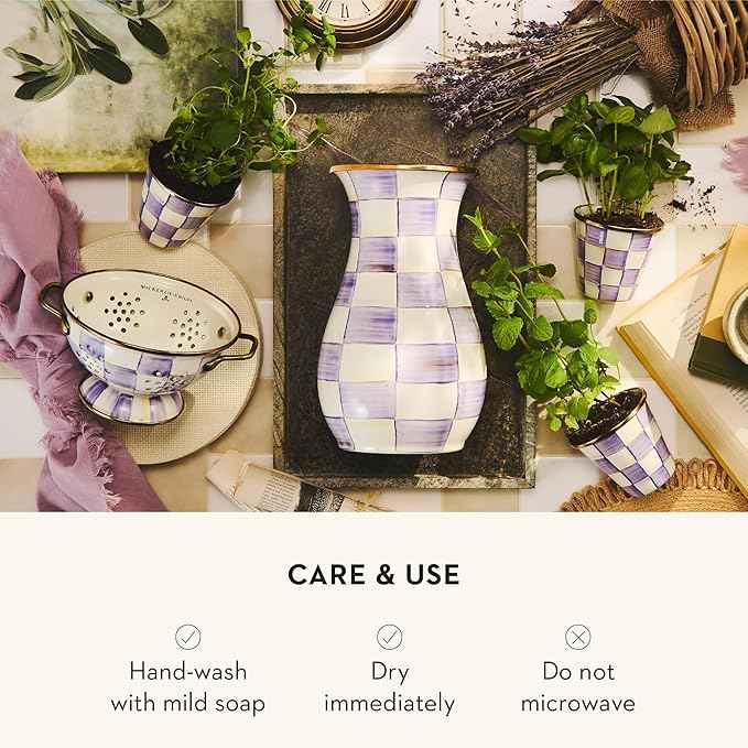 MACKENZIE-CHILDS Enamel Colander, Decorative Kitchen Strainer, Small, Purple-and-White Violet Check
