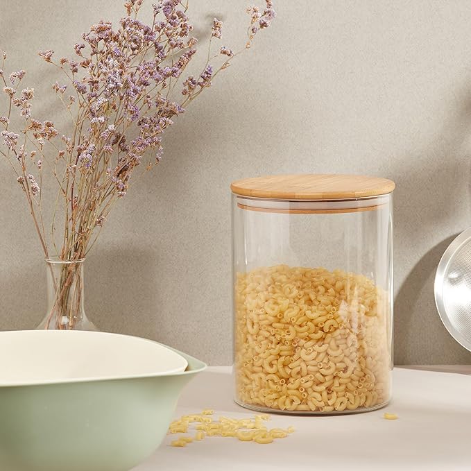 SHOWIN 32oz Glass Food Storage Jars, Glass Jars with Bamboo Lids, Kitchen Storage Jars, Canisters with Airtight Lids for Spice, Coffee, Cookie, Set of 4, Pantry Organizers