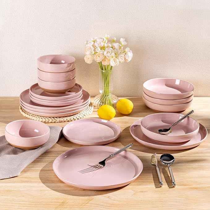 AmorArc Ceramic Dinnerware Sets for 8, 24 Pieces Handpainted Speckled Plates and Bowls Set with Rustic Terracotta Underside, Scratch Resistant Stoneware Dishes Set, Dishwasher & Microwave Safe, Pink