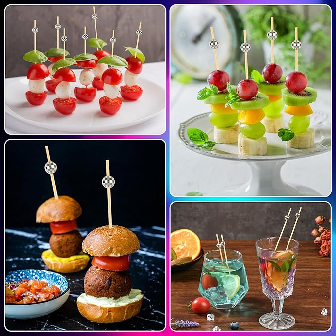 300 PCS Cocktail Picks Disco Ball Decor, Fancy Toothpicks for Appetizers, Bamboo Skewers for Appetizers,Drinks, Fruits, Disco Party Decorations. 4.7 Inch Long Silver Wooden Cocktail Sticks…