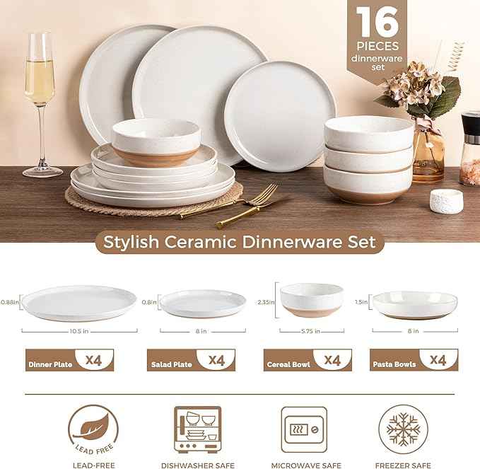 AmorArc Ceramic Dinnerware Sets with Pasta Bowls for 4, Handpainted Plates and Bowls Set with Rustic Terracotta Underside, Scratch Resistant Dishes Set, Dishwasher & Microwave Safe, 16 Pcs