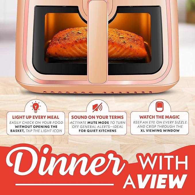 Gourmia 8 Qt Air Fryer, 8 Presets with Digital Display, FryForce 360° Technology, Easy View Window & Interior Light, Dishwasher Safe Basket, Peach