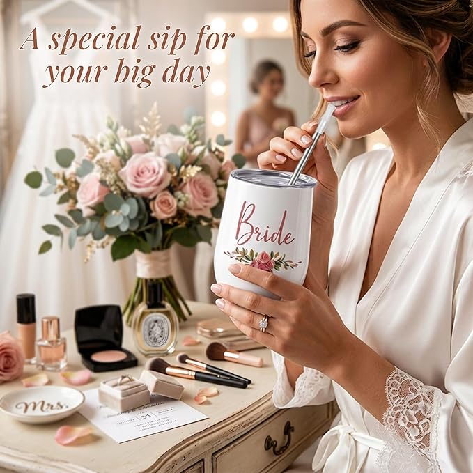 CARAKNOTS Bride Tumbler 12 oz - Insulated Stainless Steel Wine Tumbler with Lid and Straw - Bridal Shower, Engagement & Wedding Morning Gift, Keepsake for the Bride Futrue Mrs Cup
