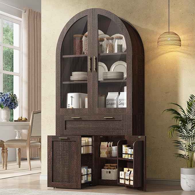 Itaar 71" Arched Kitchen Pantry Cabinet, Kitchen Storage Cabinets with 1 Large Drawer & Storage Cart 2 Tier & Door Shelves for Living Room, Dining Room, Brown