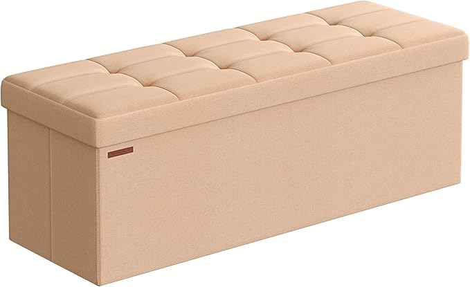 SONGMICS Mazie Collection - Storage Ottoman Bench, 43 Inches Folding Foot Rest Stool, End of Bed Bench, Easy Assembly, for Living Room, Bedroom, Entryway, Apricot Orange ULSF077O01