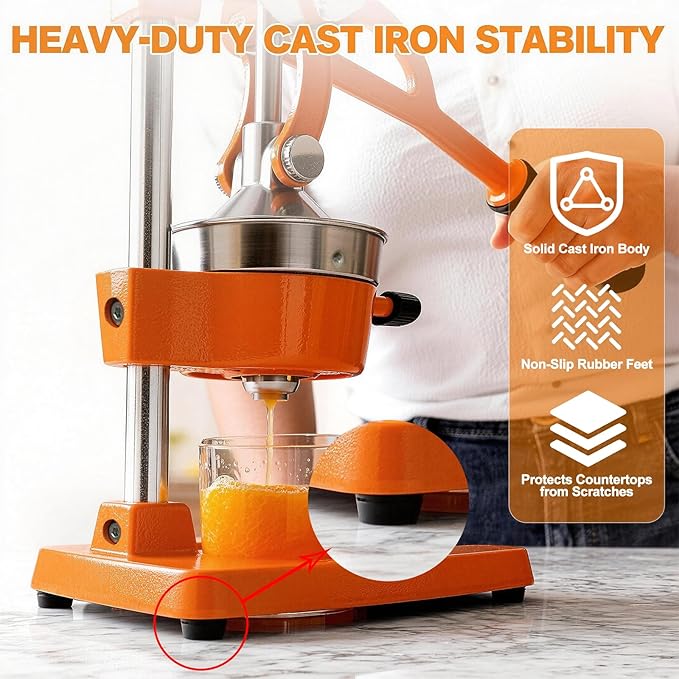 Cast Iron Citrus Juicer - 13.8LB Heavy Duty Manual Orange Press, 304 Stainless Steel Cup & Strainer, Professional Lemon Grapefruit Pomegranate Squeezer for Home Bar Kitchen, Orange