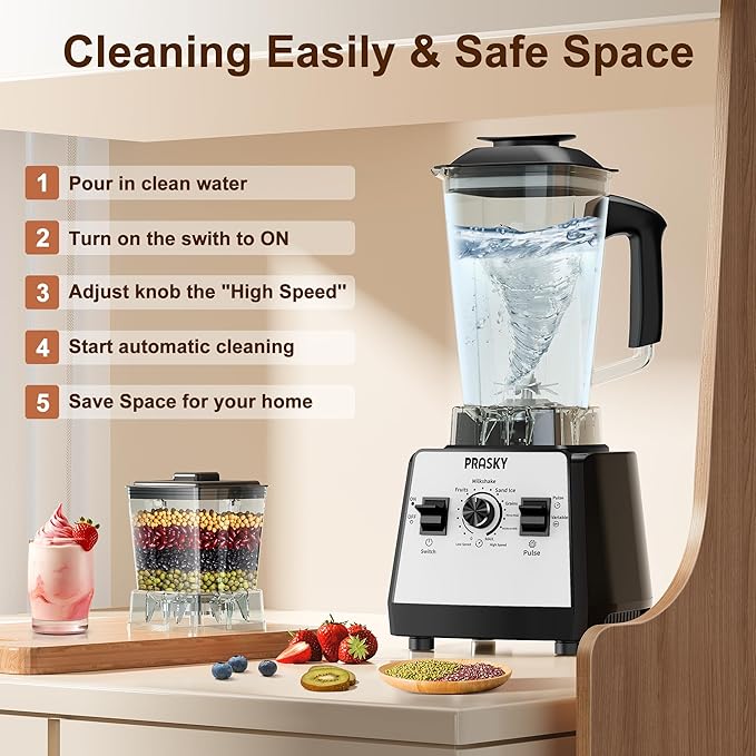 Blenders for Kitchen, Smoothie Blender, 2400W/1000W Prasky Blender & Grinder Combo, 25,000 RPM High Speed, 68oz BPA-Free Food Processor, Countertop Blender for Smoothies, Shakes & Food (White,2L)