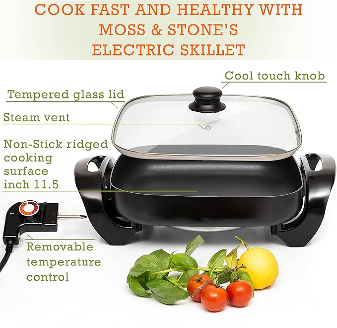 Moss & Stone Square Nonstick Electric Skillet With Lid, Aluminum 12x12 Inch Electric Frying Pan 5Qt, Nonstick Cooking Surface, Adjustable Temperature Control, Vented Glass Lid, Heat-Resistant Handle