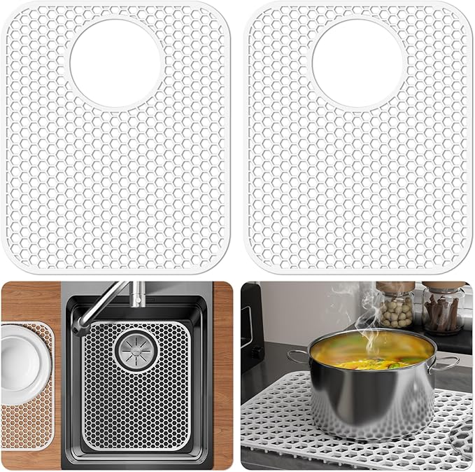 Bestjing 2 Pack Silicone Sink Protectors for Kitchen Sink with Rear Drain, 13.58''x 11.6'' Non-Slip Heat Resistant Mat Grid for Bottom of Stainless Steel Porcelain, Dishwasher Safe (White)