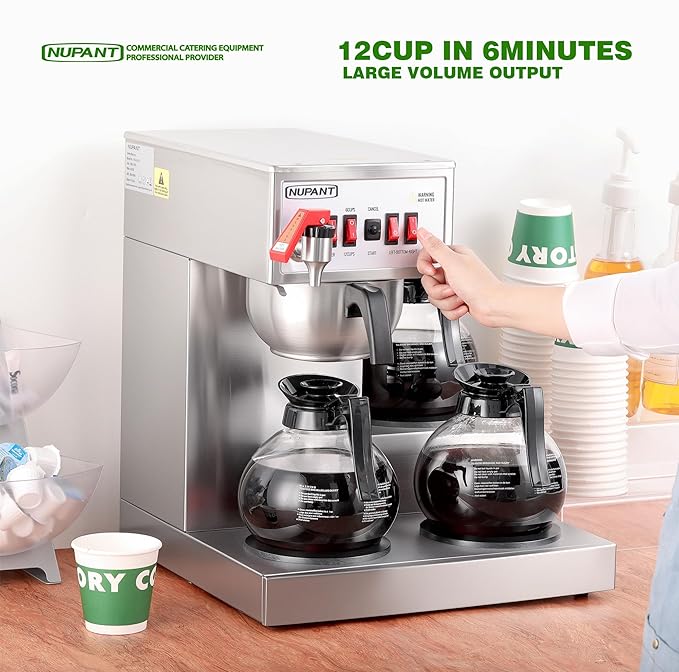 NUPANT 12 Cup Commercial Coffee Maker, Auto Filling Drip Coffee Maker Machine with 3 Glass Carafes 3 Warmers, Stainless Steel Pour Over Coffee Brewer with Hot Water Supply for Restaurant Office Cafe
