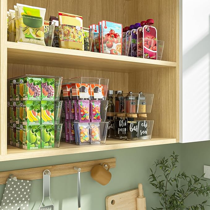BALEINE Pantry Organizers and Storage Bins, Plastic Clear Storage Bins with 3 Removable Dividers, BPA-Free Fridge Organizers for Kitchen Cabinet Bathroom (10.5x6.1x3.5, 4PK)