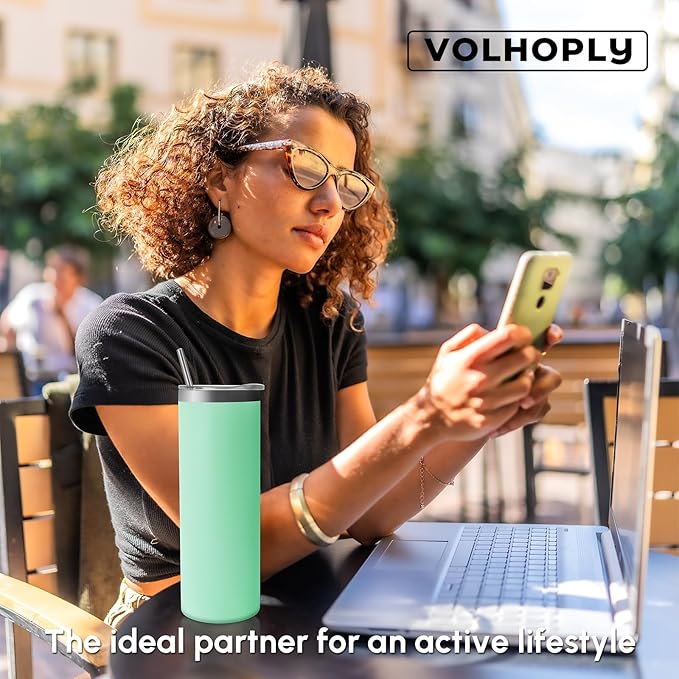Volhoply 20 oz Skinny Tumbler with Lid and Straw, Stainless Steel Straight Tumblers Cup, Vacuum Insulated Coffee Mug for Home, Office, Travel, DIY (Mint,1 Pack)