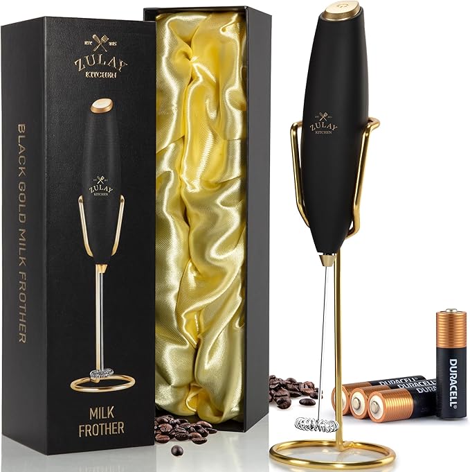 Zulay Kitchen Executive Series Luxury Gift Milk Frother with 4 Duracell Batteries – Handheld Electric Foam Maker for Coffee, Lattes & Hot Chocolate – Deluxe Finish, Ultimate Gift for Coffee Lovers