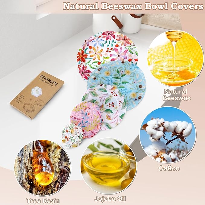 5-Size Reusable Beeswax Bowl Covers for Bread Proofing, Cotton Cloth Flexible Beeswax Wraps for Food Storage(Rainbow Floral)