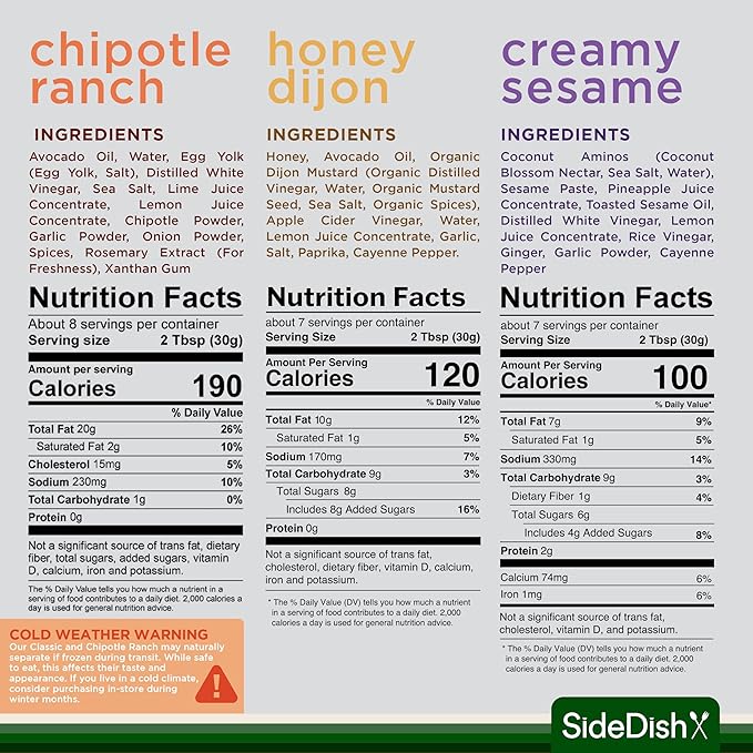 SideDish Salad Dressing Variety Pack (Pack of 3) – Chipotle Ranch, Creamy Sesame, Honey Dijon Made w/Avocado Oil – Healthy, Dairy & Gluten Free Cooking Sauces – Whole30 Dressing for Dips, Sauces