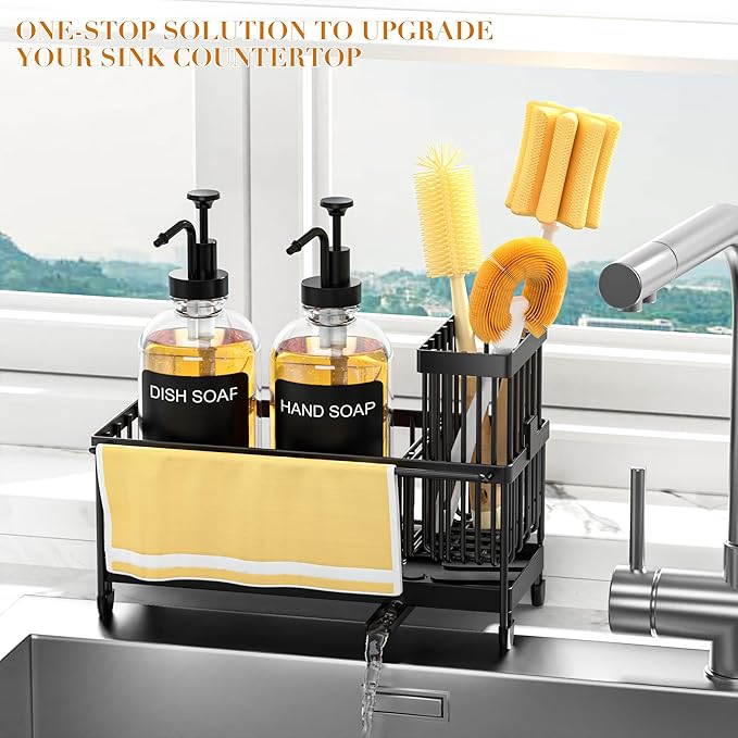 Kitchen Soap Dispenser Set with Sponge Holder and Towel Rack, 17OZ Glass Bottle, Hand and Dish Soap Dispenser Set, Non-Slip Silicone Pad, Brush Holder, Sink Organizer Countertop (Transparent)