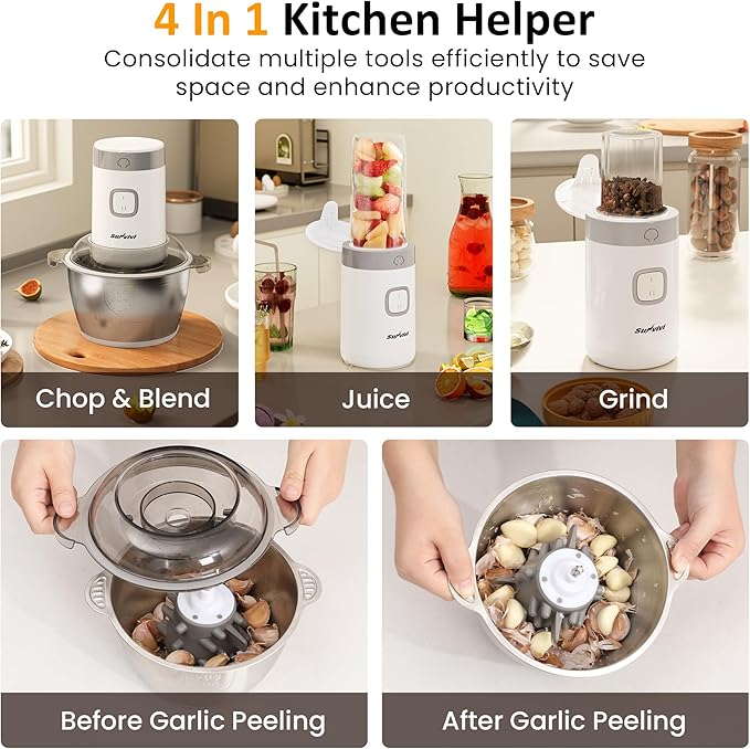 Sunvivi 4-IN-1 Food Processor: Electric Chopper for Meat Grinder, Vegetable Chopper, Juicer, Garlic Peeler & Coffee Grinder, 350W Portable Blender with 2 Speeds, Stainless Steel Bowl, 2 Cups, White