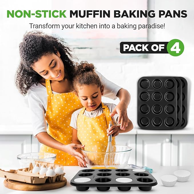 NutriChef Muffin Pans for Baking 4-Pack | Nonstick 12 Mold Cupcake Tins | Carbon Steel Stackable Cup Cake Trays | Dishwasher & Oven Safe | Includes 200 Parchment Paper Liners | 13 x 10 x 1 | Black