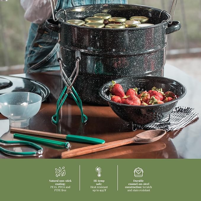 Granite Ware 9 Piece Enamelware Water bath Canning Pot with Canning kit, Colander and Rack. Canning Supplies Starter Kit.