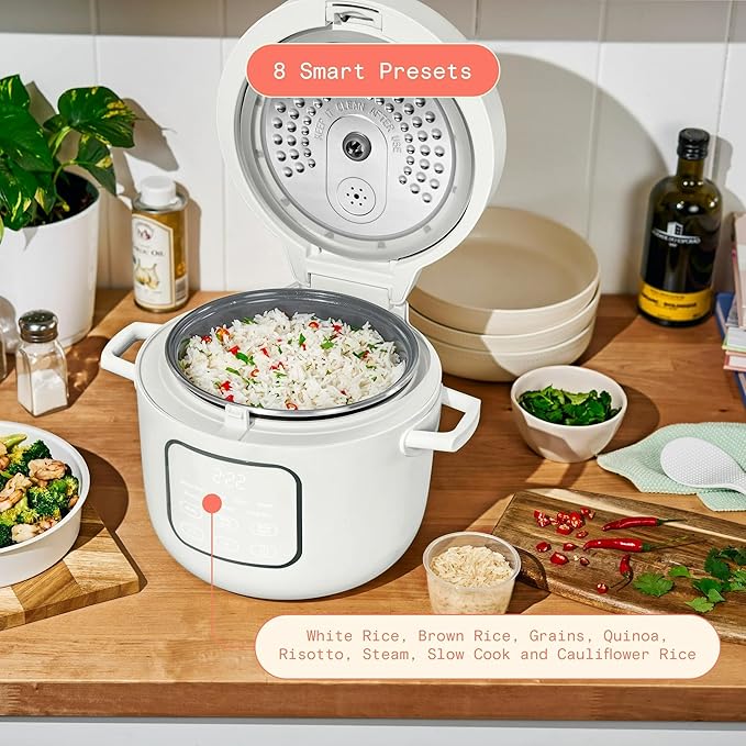 14 Cup Electric Rice Cooker, Programmable Grain Cooker with Automatic Keep Warm, Touch Display, Ceramic Nonstick Inner Pot and Steam Tray (White Icing)