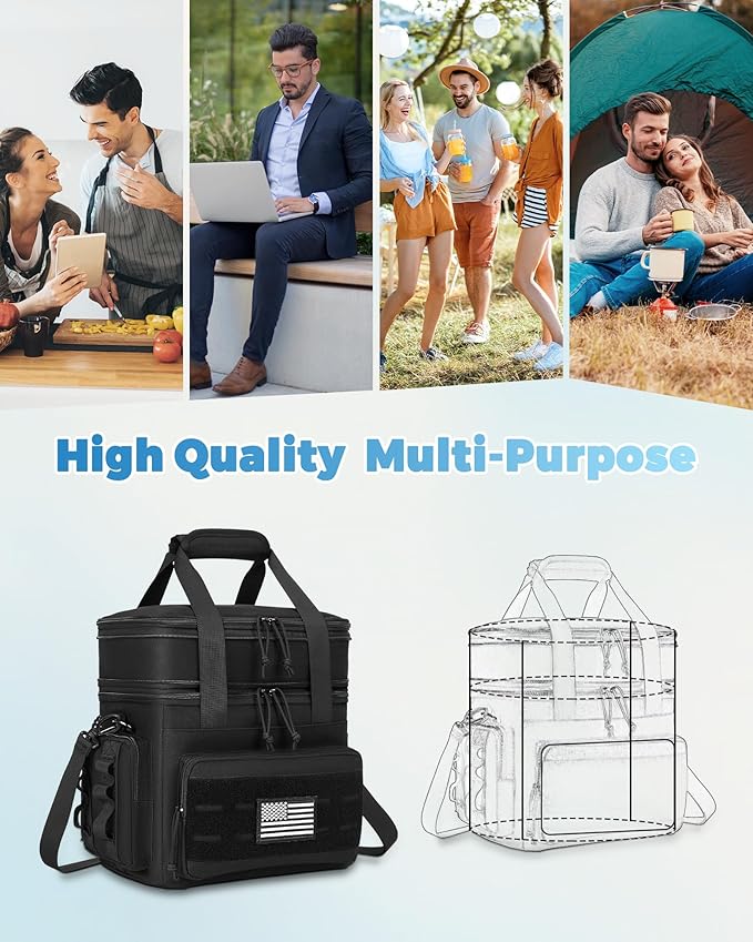 holuxer Tactical Lunch Bag & Lunch Box for Men - Large Double Deck Expandable Insulated Soft Adult Lunchbox for Work - Cooler Bag for Beach, Picnic, Camping,Outdoor，Travel (Black,16L)
